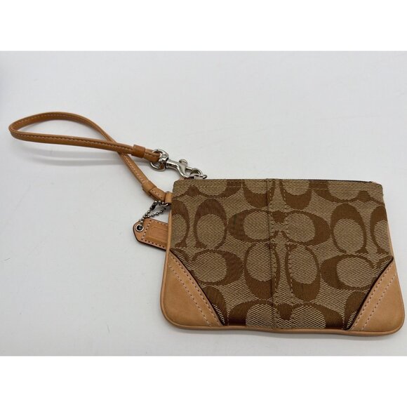 Coach Signature Brown & Tan Canvas Leather Wristlet With Zipper Closure & Detach - Picture 8 of 10